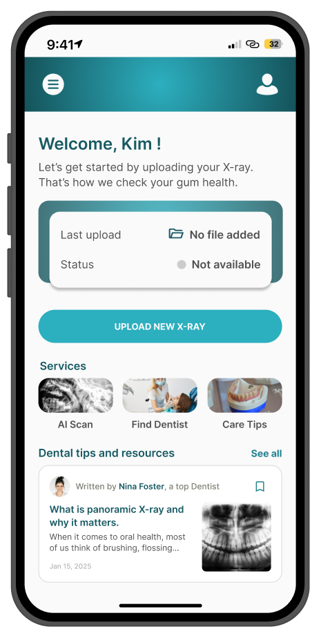 Perio ai home screen — upload new X-ray prompt, services shortcuts, and dental tips and resources feed